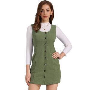 Corduroy Overall Dress Scoop Neck Button Down Pinafore Dresses Army Green